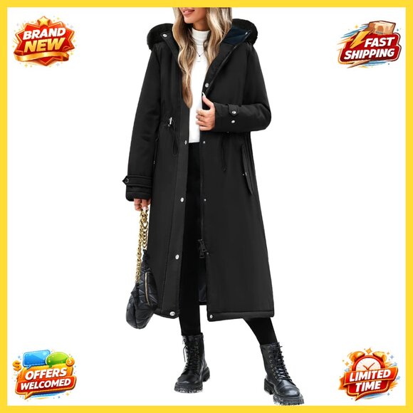 Long Puffer Jacket with Removable Hood Windproof Fleece Lined Knee Length